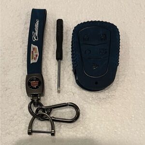 CADILLAC Blue & Silver Leather Gun Metal Gray Keychain & Car Key Fob Case Cover